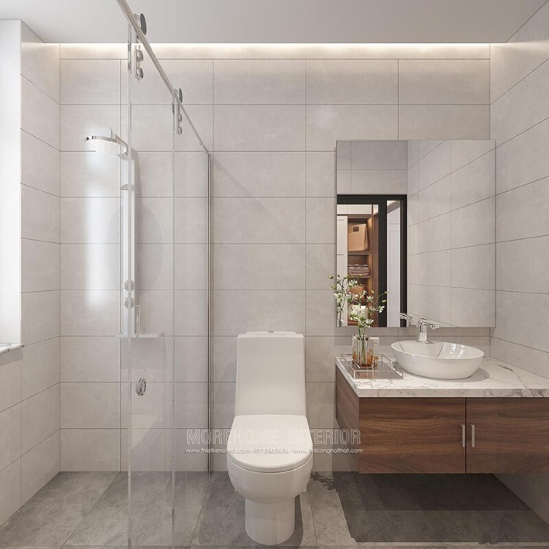 Bạn đang tìm kiếm mẫu thiết kế phòng tắm đẹp, sang trọng gam màu xám cùng chất liệu gỗ óc chó thì ý tưởng thiết kế nội thất phòng tắm tại biệt thự Vinhomes Imperia Hải Phòng là một gợi ý khá ấn tượng Mẫu thiết kế nội thất biệt thự đẹp