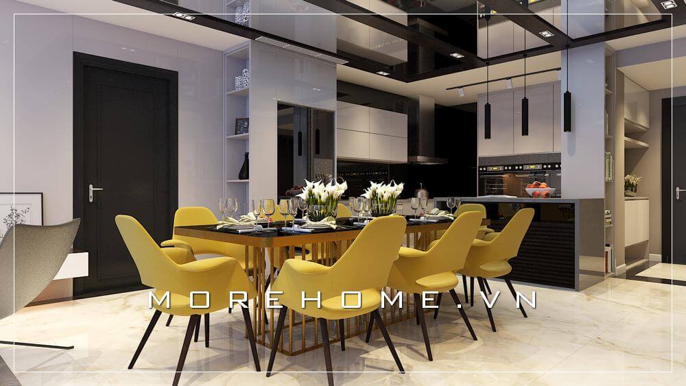 Thiết kế nội thất phòng ăn hiện đại, ghế với tone màu vàng nổi bật tạo điểm nhấn cho nhà chung cư Thiết kế chung cư