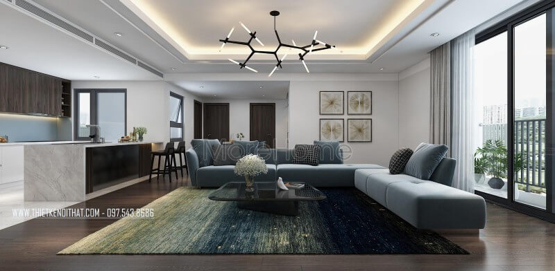 Chiếc sofa nỉ chữ L màu xanh là điểm nhấn nổi bật của căn phòng, đặc biệt gam màu này tạo sự mới lạ cho căn phòng Mẫu thiết kế nội thất chung cư đẹp