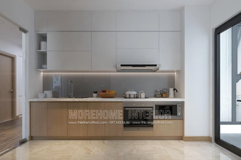 Lựa chọn tone màu sáng nhẹ nhàng, tinh tế, tủ bếp gỗ công nghiệp tạo nên không gian nhà bếp rộng thoáng mà không kém phần sang trọng Tủ bếp đẹp, sang trọng và đẳng cấp
