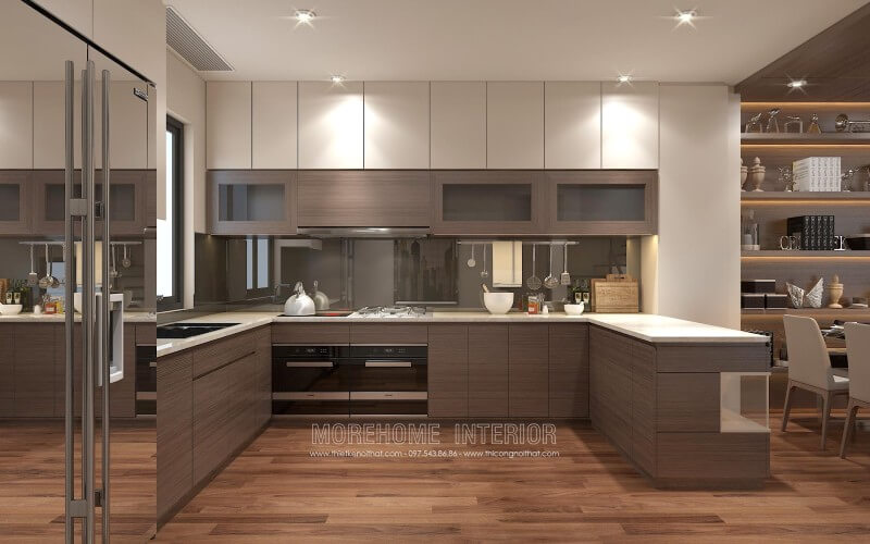 Sự đối lập giữa 2 gam màu nâu - trắng mang lại cái nhìn mới lạ, ấn tượng, tủ bếp gỗ An Cường gợi mở ra một nhà bếp tinh tế và ấm cúng Tủ bếp đẹp, sang trọng và đẳng cấp