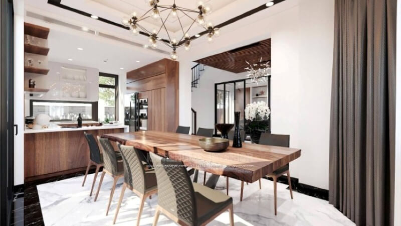 Sẽ là một gợi ý sáng tạo sẽ khiến bạn thích thú như trong ý tưởng thiết kế phòng bếp hiện đại biệt thự Vinhomes Imperia Hải Phòng trong đây, thiết kế kệ trang trí ở vị trí gần bàn ăn nhất giúp bạn lấy ly, chén một cách nhanh chóng. Thiết kế phòng bếp, tủ bếp đẹp