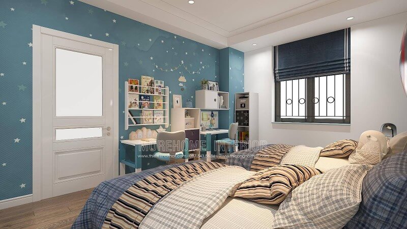 Thiết kế phòng ngủ của con với góc học tập được trang trí bắt mắt sẽ là gợi ý khá thú vị, bạn có thể tham khảo ý tưởng bố trí phòng ngủ của 2 cậu con trai với bàn học được bố trí tách rời và cách bố trí kệ trang trí, giá để đồ như trong đây. Tùy từng diện tích nhà bạn có thể bố trí phù hợp với căn hộ, nhà phố hay nhà biệt thự của mình. Thiết kế phòng ngủ biệt thự