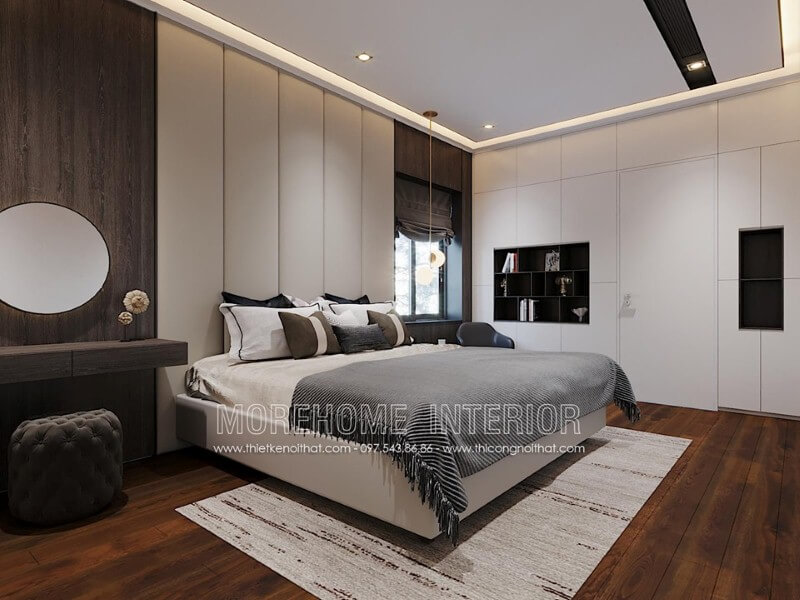 Nệm trắng ốp tường kẻ sọc tạo nên vẻ đẹp sang trọng tinh tế cho phòng ngủ hiện đại. Thiết kế phòng ngủ biệt thự