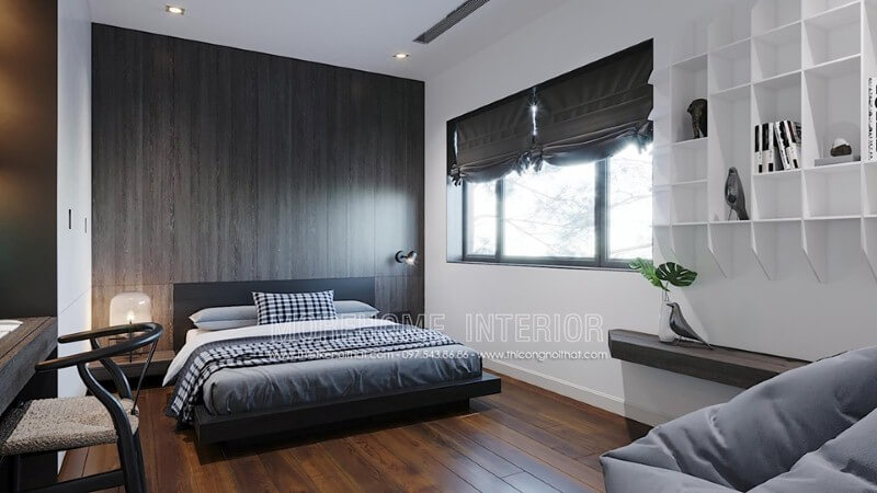 Điểm nhấn tường phòng ngủ độc đáo, sang trọng với gỗ ốp tường cao cấp. Thiết kế phòng ngủ biệt thự