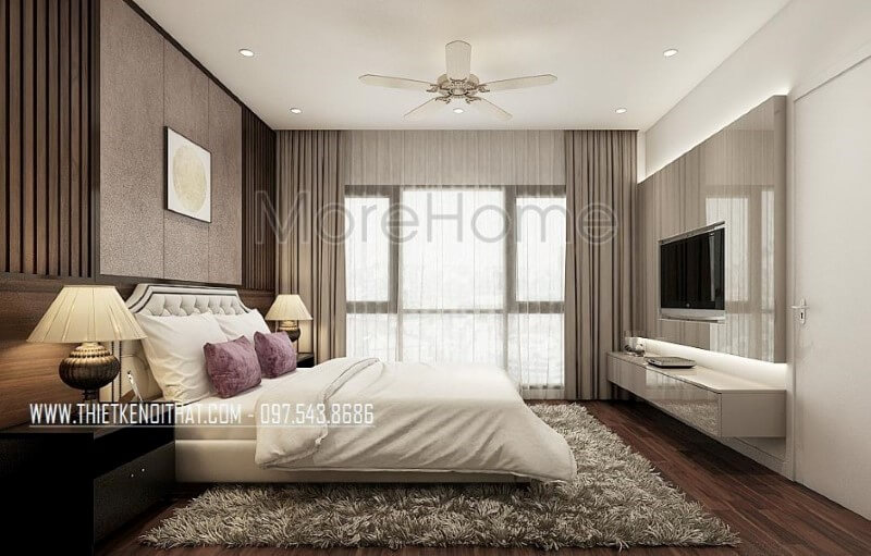 Cửa kính lớn cùng rèm 2 lớp giúp không gian luôn thông thoáng bên cạnh đó, đồ nội thất hiện đại sang trọng càng làm tăng thêm sự sang trọng, đẳng cấp cho phòng ngủ master. Thiết kế phòng ngủ biệt thự
