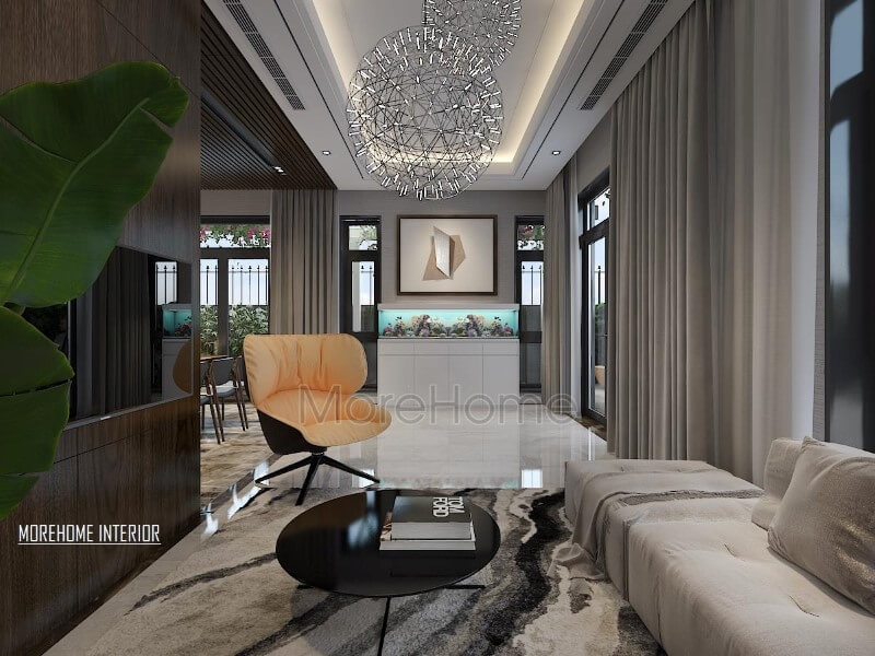 Trang trí nội thất phòng khách hiện đại tinh tế với bể cá phong thủy. Mẫu nội thất biệt thự đẹp