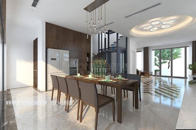 Thiết kế nội thất phòng ăn biệt thự cao cấp với sự xuất hiện của bộ bàn ăn 8 ghế tạo điểm nhấn nổi bật cuốn hút