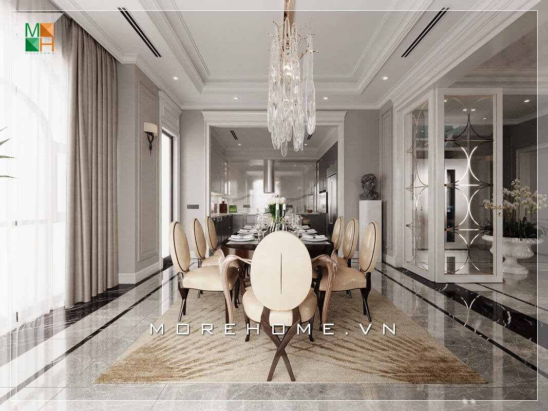 Mẫu bàn ăn gỗ 8 ghế ăn bọc da chân gỗ óc chó cao cấp biến phòng ăn trở nên thêm sang trọng và đẳng cấp.