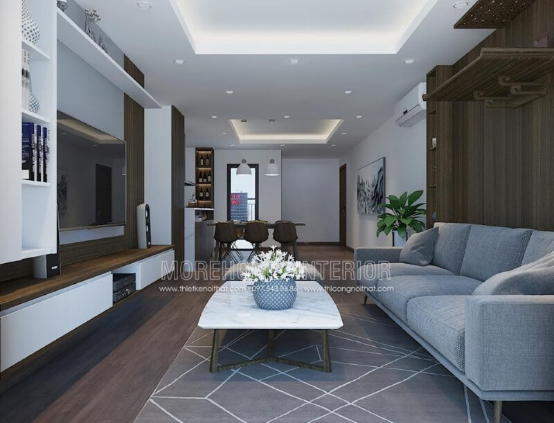 Thiết kế nội thất phòng khách chung cư với đồ nội thất gỗ công nghiệp hiện đại Thiết kế chung cư
