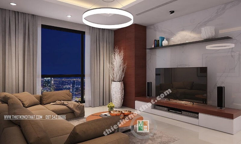 Mẫu thiết kế nội thất chung cư Royal City theo phong cách hiện đại với màu nền trắng trang nhã mang đến cảm giác gần gũi, ấm cúng Mẫu nội thất chung cư