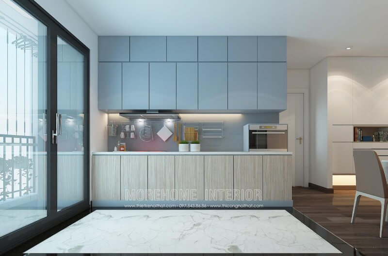Mẫu tủ bếp gỗ Acrylic với bề mặt được phủ bóng nên khi nhìn vào giống như một chiếc gương. Mang đến một vẻ đẹp hiện đại và sang trọng nhưng vẫn có một chút nét đẹp trẻ trung. Tủ bếp hiện đại