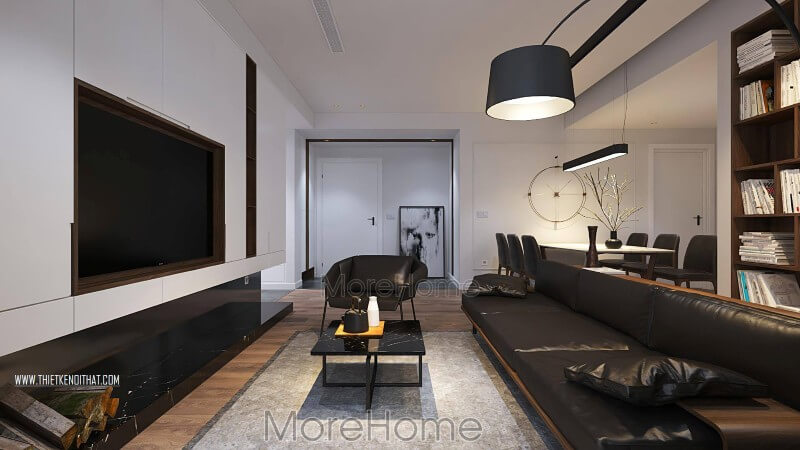 Thiết kế nội thất phòng khách với tone màu đối lập đen trắng hiện đại Mẫu nội thất chung cư hiện đại