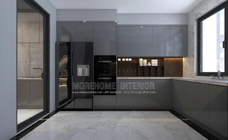 Mẫu tủ bếp gỗ công nghiệp acrylic màu xám đẹp mắt trong bố trí nội thất phòng bếp hiện đại sẽ là lựa chọn khá phù hợp với các không gian như chung cư, biệt thự, nhà phố. tủ bếp chung cư