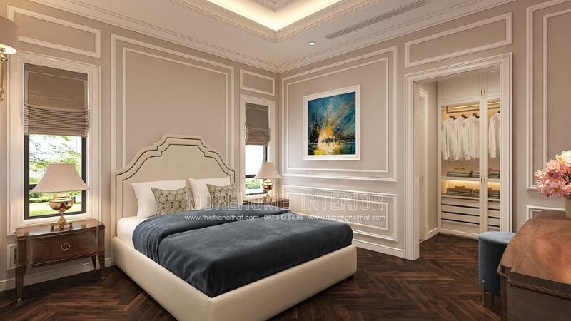 Sắp xếp nội thất phòng ngủ tân cổ điển đẹp, sang trọng, tinh tế với tone trắng chủ đạo từ giường, tường, trần thạch cao. Thiết kế phòng ngủ biệt thự