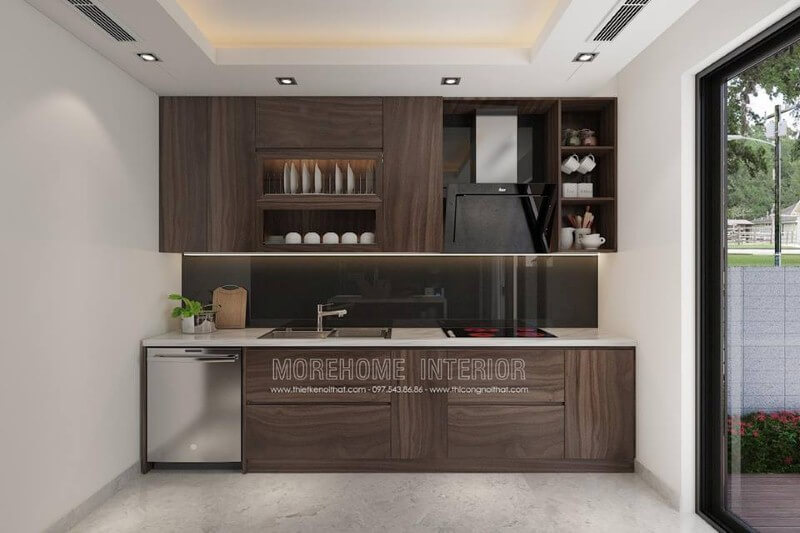 Mẫu tủ bếp gỗ công nghiệp veneer tối màu đẹp, sang trọng cho không gian bếp hiện đại. mẫu tủ bếp gỗ công nghiệp An Cường