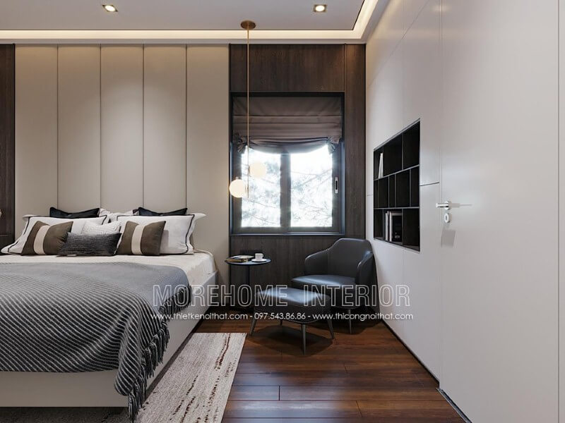 Bố trí nội thất phòng ngủ đẹp sang trọng ấn tượng với không gian đọc sách từ chiếc tủ khép kín với khoảng hở đúng chỗ. Thiết kế phòng ngủ biệt thự