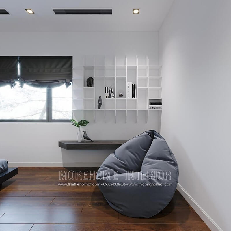 Kệ trang trí mở sơn trắng tạo nét đẹp độc đáo cho phòng ngủ hiện đại. Thiết kế phòng ngủ biệt thự