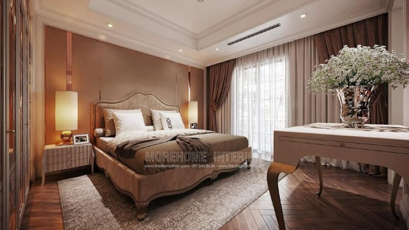 Giường bọc nệm phong cách tân cổ điển đẹp, sang trọng cho phòng ngủ master cao cấp. Thiết kế phòng ngủ biệt thự