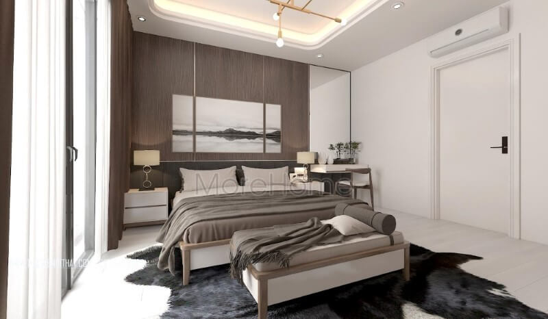 Phối cảnh nội thất phòng ngủ hiện đại ấn tượng với chất liệu gỗ óc chó sang trọng từ gỗ ốp tường, giường ngủ gỗ, đôn sofa,.. Thiết kế phòng ngủ biệt thự