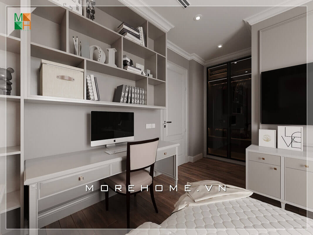 Giới thiệu mẫu thiết kế nội thất bàn làm việc và kệ sách treo tường phòng ngủ đẹp mang phong cách hiện đại. Chất liệu sản xuất chính là gỗ công nghiệp cao cấp An Cường rất đẹp mắt và màu sắc trang trí phù hợp với màu sắc căn phòng. Thiết kế phòng ngủ biệt thự