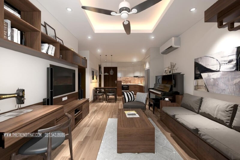 Nội thất phòng khách hiện đại sử dụng hầu hết các đường nét trang trí đơn giản, các khối hình đơn giản, không cầu kỳ trong kiểu cách hay các nét trạm trổ chi tiết mang lại cảm giác cơi nới và rộng hơn cho không gian tiếp khách của gia chủ Mẫu nội thất chung cư đẹp