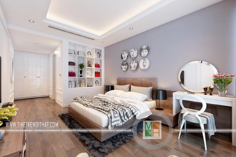 Thiết kế phòng ngủ chung cư đẹp cho cô nàng độc thân cá tính với kệ trưng bày túi sách độc đáo và các đồ nội thất đơn giản tiện nghi mang đến căn phòng ngủ lí tưởng Mẫu nội thất chung cư đẹp