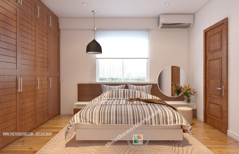 Mẫu thiết kế nội thất phòng ngủ CT4 Mỹ Đình hiện đại tiên nghi với hệ tủ quấn âm tường, giường ngủ gỗ cao cấp Mẫu nội thất chung cư đẹp