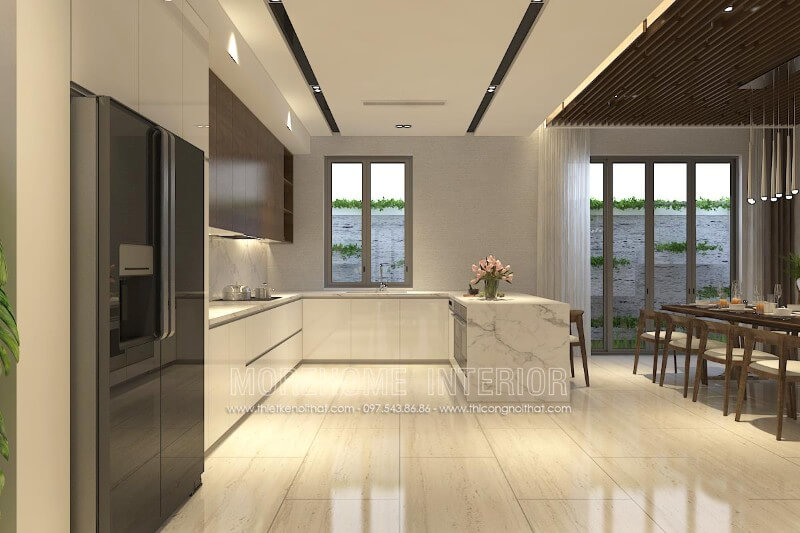 Màu trắng của tủ bếp gỗ Acrylic kết hợp với màu nâu đậm của gỗ Veneer óc chó tạo nên sự hiện đại tinh tế cho không gian bếp Thiết kế và sản xuất tủ bếp đẹp