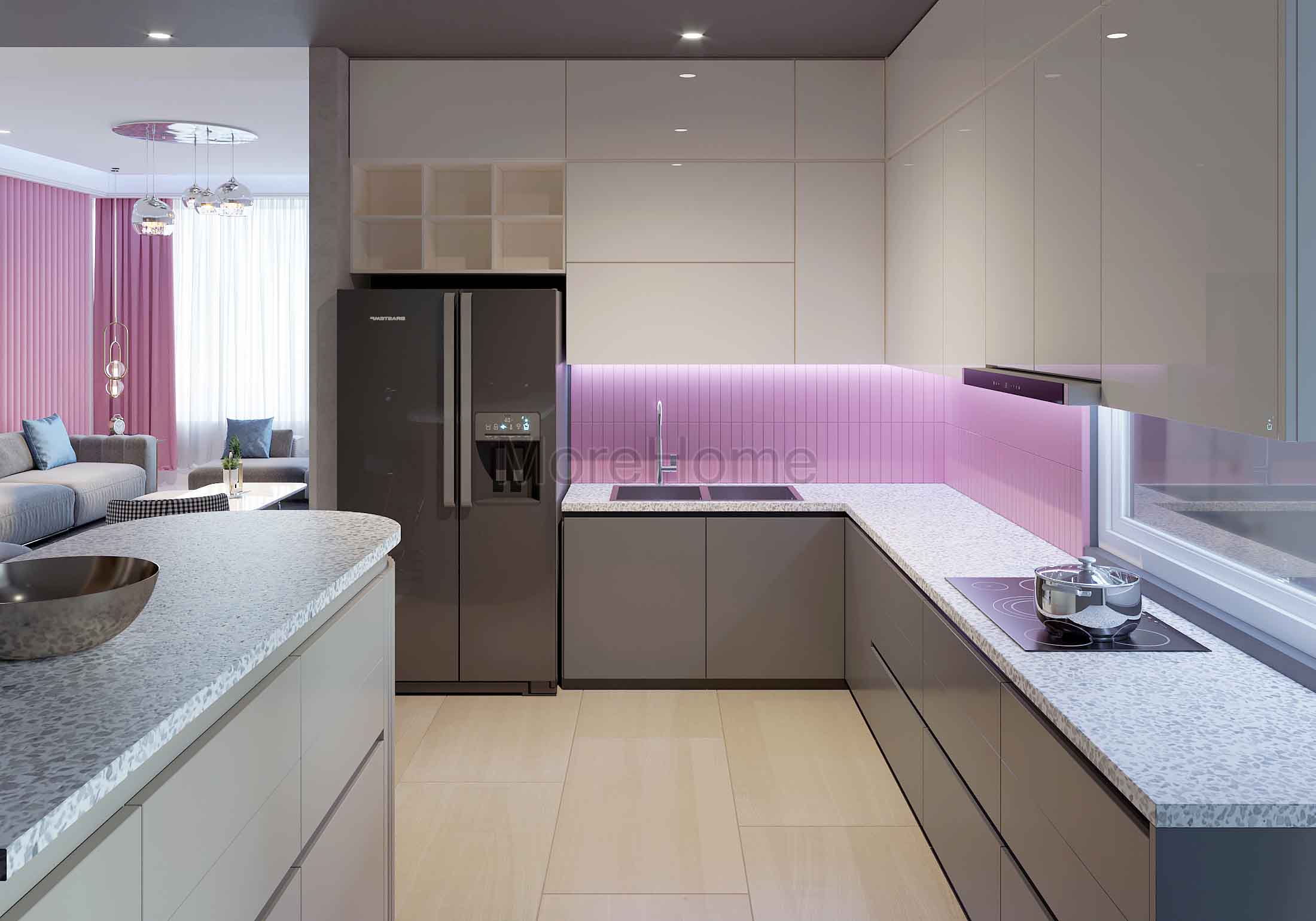 Mẫu tủ bếp gỗ màu ghi xám, mặt bếp ốp đá cao cấp tạo nên không gian bếp sạch sẽ và thoáng rộng Thiết kế và sản xuất tủ bếp đẹp