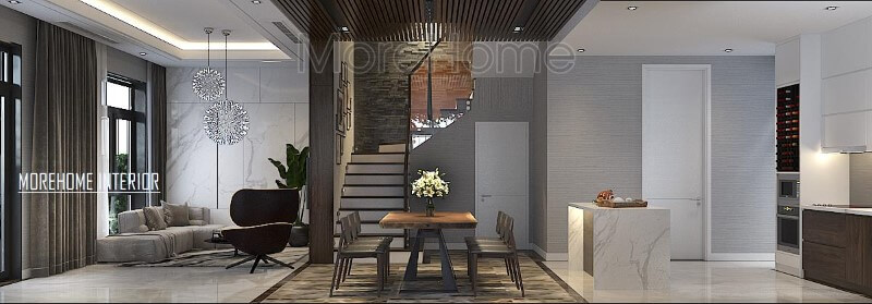 Bố trí phòng khách, bếp ăn hiện đại độc lập nhưng không sử dụng rèm che giúp không gian trở nên thông thoáng, rộng rãi. Mẫu nội thất biệt thự đẹp