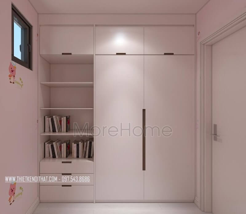 Tủ quần áo hiện đại gỗ công nghiệp kết hợp kệ để sách hiện đại, đẹp cho phòng ngủ con gái. Mẫu nội thất biệt thự đẹp