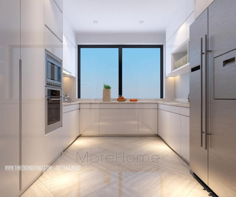 Nội thất phòng bếp chung cư đơn giản và tinh tế với tone màu trắng chủ đạo ấn tượng Thiết kế phòng bếp, tủ bếp đẹp