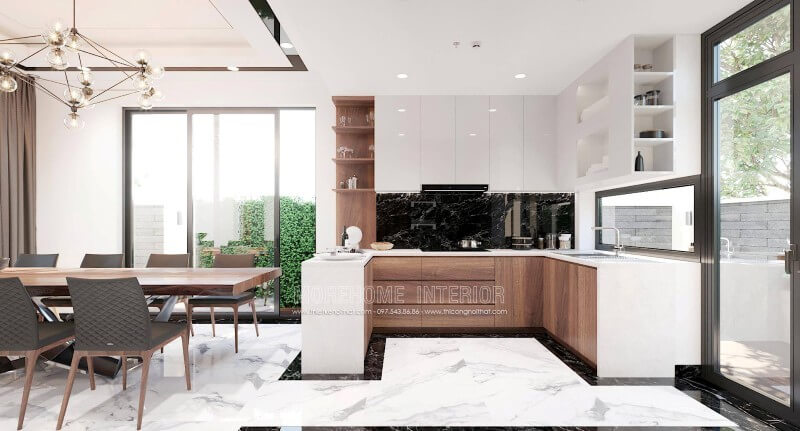 Sự phối hợp hài hòa giữa 2 tone màu chủ đạo trắng và nâu trầm mang đến một không gian nấu nướng tinh tế và không kém phần sang trọng. Thiết kế phòng bếp, tủ bếp đẹp