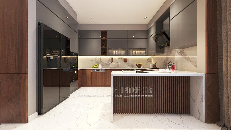 Sắp xếp nội thất phòng bếp đẹp từ gỗ An Cường cao cấp kết hợp cùng đá ốp bếp sang trọng. Thiết kế phòng bếp, tủ bếp đẹp