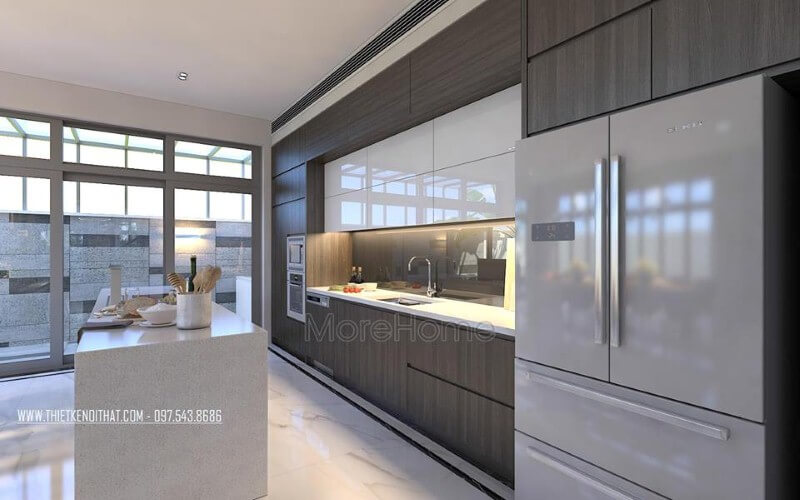 Bàn đảo đá tự nhiên trắng cao cấp lựa chọn ấn tượng cho không gian bếp hiện đại, sang trọng. Đá ốp bàn đảo bếp biệt thự