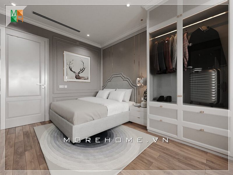 Tone màu chủ đạo của căn phòng ngủ là trắng và xám thích hợp cho phòng ngủ mang phong cách tân cổ điển sang trọng.