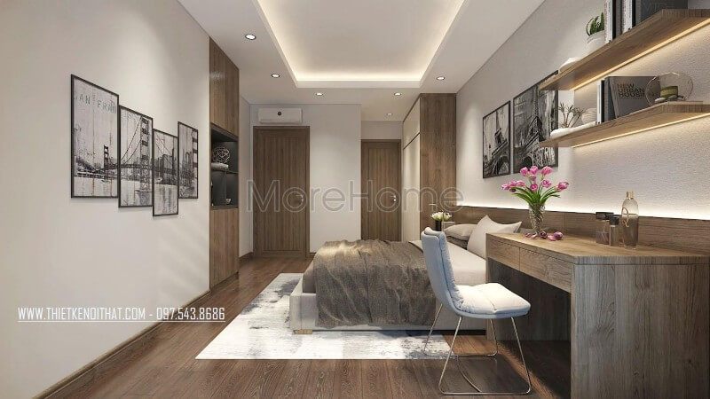 Phòng ngủ tiện dụng hơn với bộ bàn ghế làm việc được thiết kế từ chất liệu gỗ công nghiệp đơn giản nhưng đẹp mắt