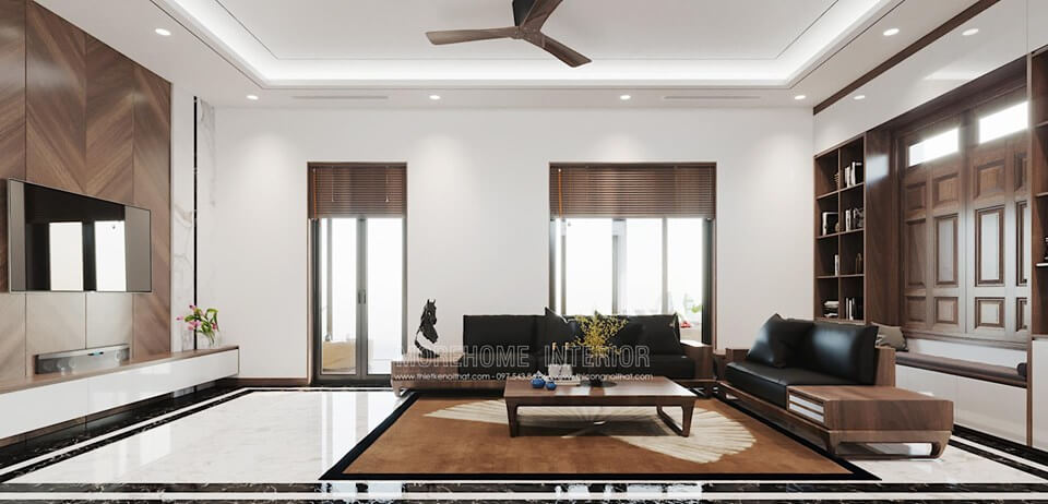 Thiết kế phòng khách gỗ óc chó cao cấp sang trọng cho biệt thự hiện đại tại Đông Anh Hà Nội