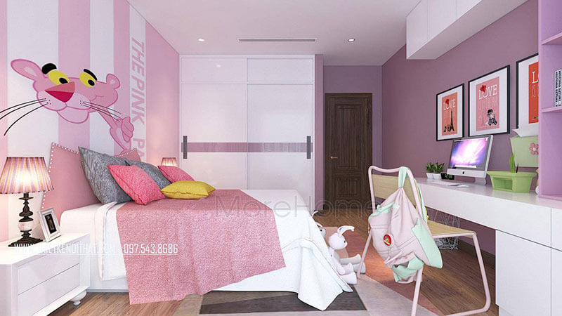 Trang trí phòng ngủ bé gái với đồ nội thất tủ quần áo, kệ sách gỗ công nghiệp màu hồng dễ thương, sang chảnh