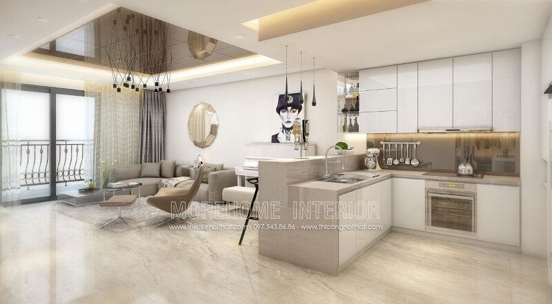 Tủ bếp gỗ Acrylic màu trắng tinh tế, cùng tone màu với không gian sinh hoạt chung khác tạo nên sự đồng nhất, sang trọng mà không bị rối mắt