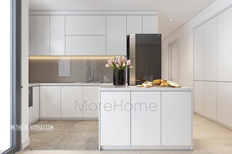 Thiết kế nội thất bếp chung cư, căn hộ hiện đại được quây gọn gàng thành một khu riêng biệt vẫn đảm bảo tính đồng nhất cho cả không gian