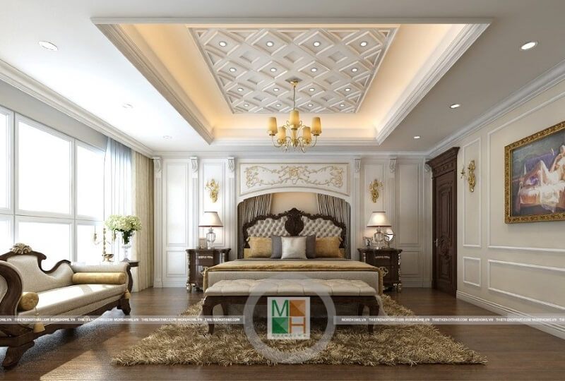 Thiết kế nội thất phòng ngủ chung cư Mandarin sang trọng theo phong cách tân cổ điển với tông màu vàng kim cũng gây ấn tượng, lôi cuốn mọi ánh nhìn.