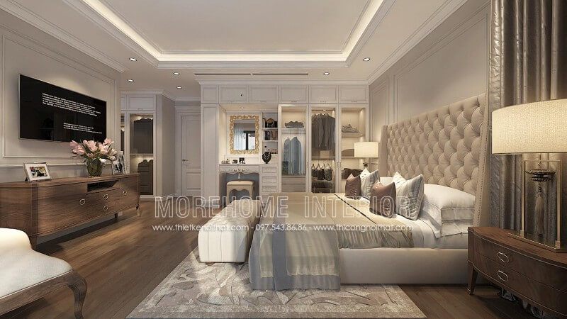 Thiết kế giường ngủ chung cư phong cách tân cổ điển tập trung vào tính công năng, tránh các phụ kiện rườm rà không cần thiết tạo cho người sử dụng cảm nhận được rõ nét về sự êm ái cũng như thoải mái nhất