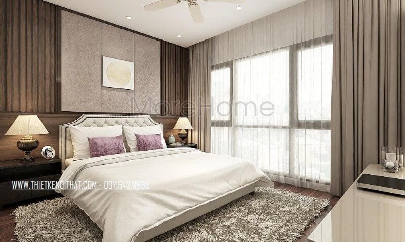 Giường ngủ bọc nệm tone sữa cùng họa tiết trang trí đẹp mắt từ các nút nệm cùng đường nét uốn lượn đầu giường tạo điểm nhấn độc đáo cho phòng ngủ master hiện đại.