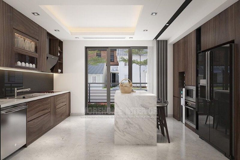 Sắp xếp phòng bếp đảo đẹp từ gỗ veneer cao cấp.