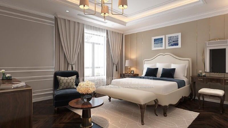 Thiết kế nội thất phòng ngủ tân cổ điển đẹp, sang trọng nổi bật với sắc trắng điểm nhấn từ bộ đôn, giường bọc nệm gỗ óc chó tự nhiên.