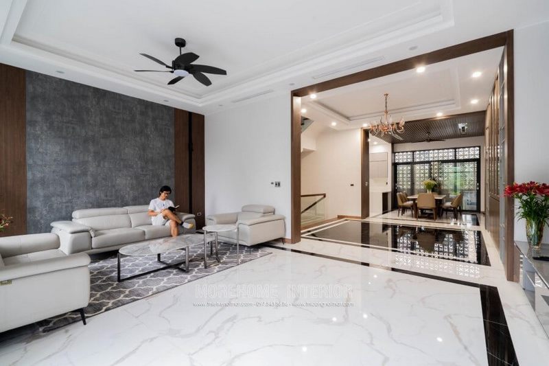 Bàn trà hiện đại mặt đá nhân tạo vân mây cho biệt thự tông chủ đạo màu trắng