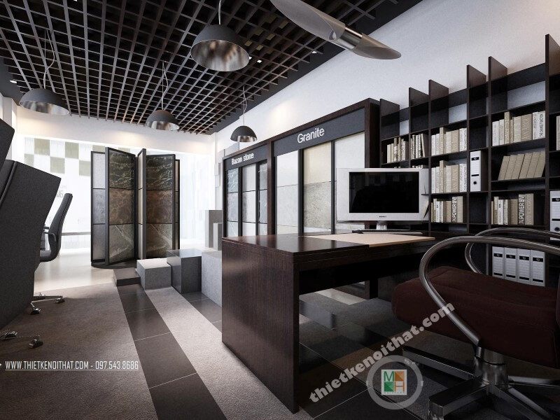 Mẫu thiết kế nội thất showroom trưng bày đá đẹp kết hợp khu làm việc với cách bố trí nội thất, không gian hợp lí khoa học