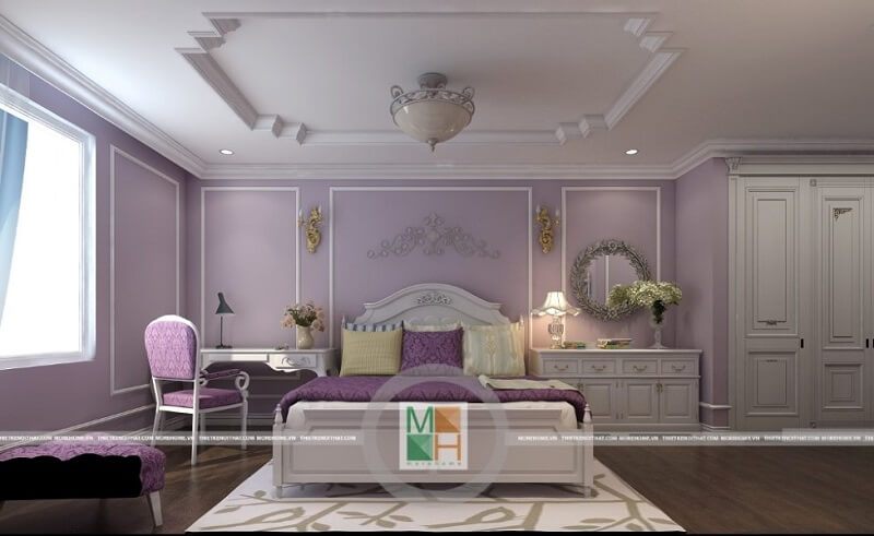 Mẫu thiết kế nội thất phòng ngủ tân cổ điển với tông màu tím chủ đạo lôi cuốn mọi ánh nhìn.
